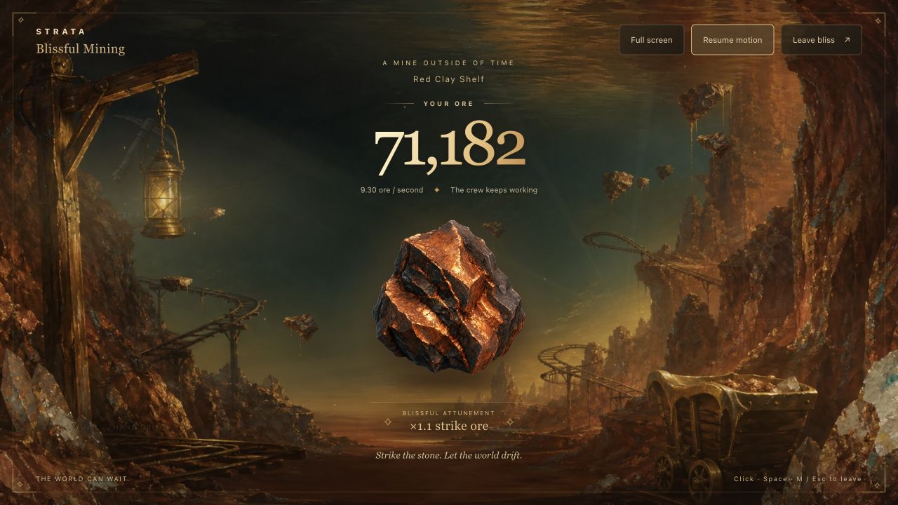 Blissful Mining in Strata: a floating ore stone and working mine at Red Clay Shelf.